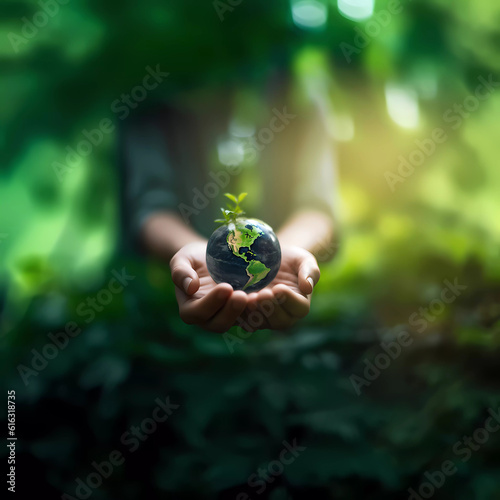Green energy planet in hands