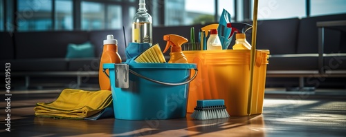 purifier. Buckets and cleaning equipment installed in the office. janitor cleaning service.