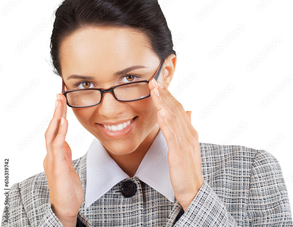 Friendly Young Businesswoman Holding Glasses - Isolated Friendly Young Businesswoman Holding Glasses - Isolated