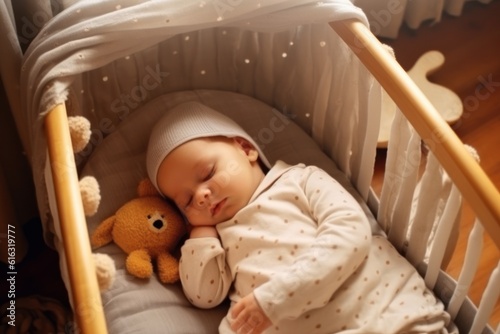 A baby peacefully asleep in a snug crib, exuding pure adorableness. Generative AI