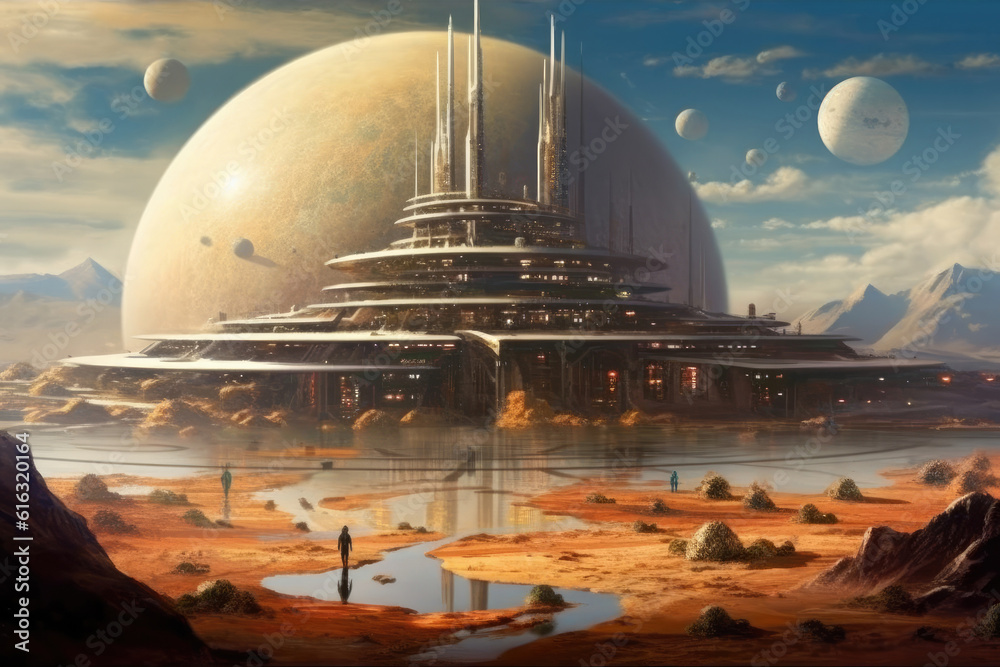 Obraz premium A space port on the Saturn created with Generative AI technology