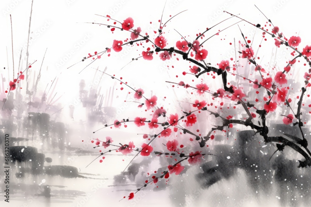 Obraz premium 梅の木水墨画,Generative AI AI画像