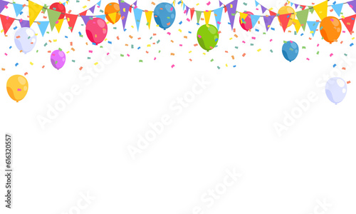 Celebrate hanging triangular garlands with confetti and balloon. Colorful perspective flags party isolated on white background. Birthday, anniversary, and festival fair concept. Vector illustration.
