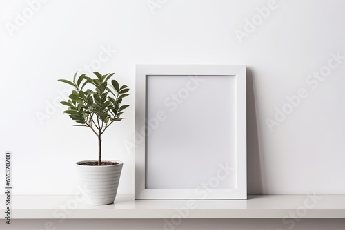 A clean empty white picture frame sitting next to a plant