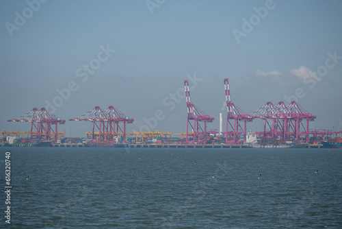 Container cranes and ports on the waterfront 