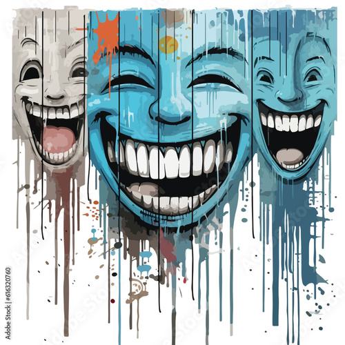 City graffiti smiling face. Various types of faces with drip, splash, disheveled, street style