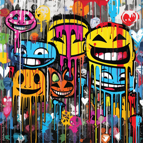 City graffiti smiling face. Various types of faces with drip, splash, disheveled, street style