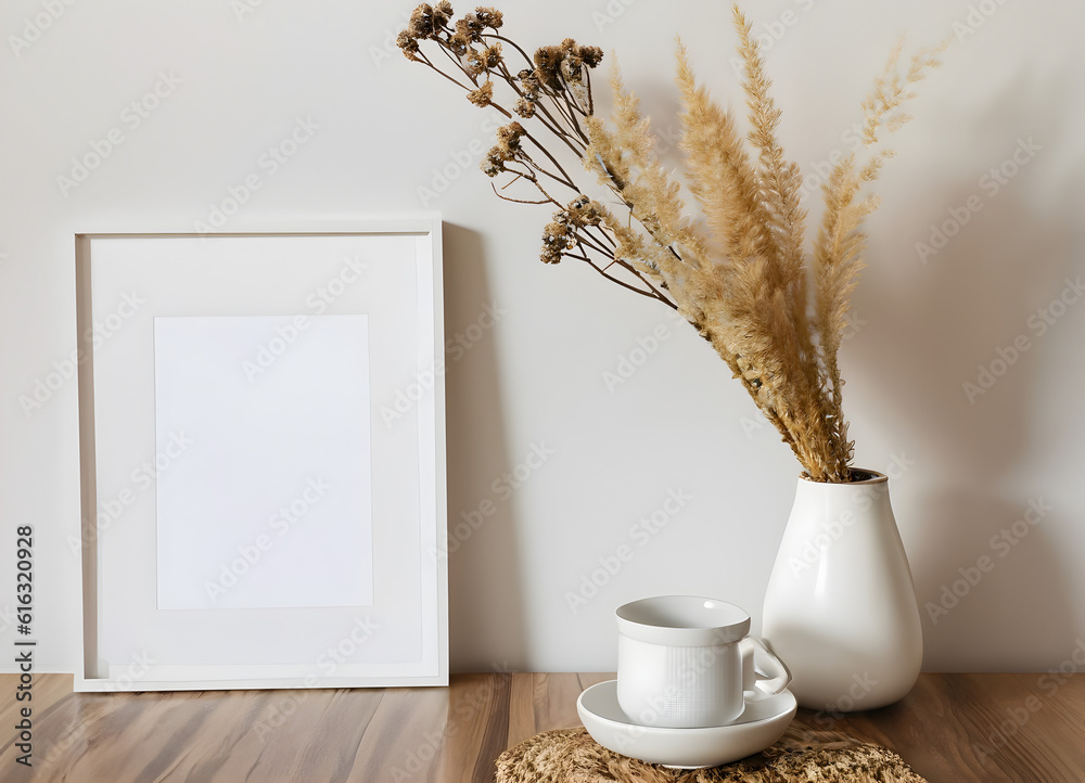 Empty wooden picture frame mockup hanging on beige wall background. Boho shaped vase, dry flowers on table. Cup of coffee, old books. Working space, home office. Art, poster display. Ai Generative