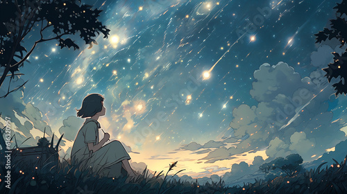 Exquisite Van Gogh's beautiful painting style, the girl watching the stars on the grass under the starry sky

