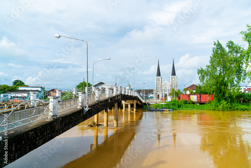 Cathedral of the Immaculate Conception with Niramon bridge at Chanthaburi in Thailand