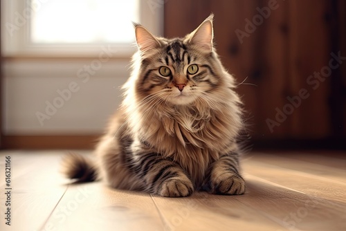 A Cute Young Fluffy Cat Lies In A Room On A Wooden Floor