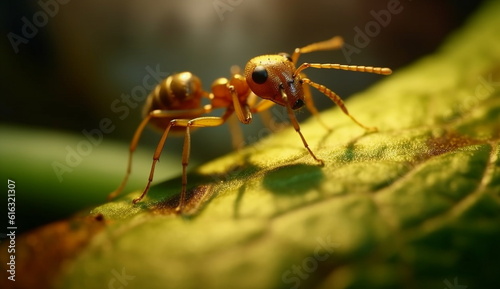 A photo showcasing a close-up portrait of an ant walking amidst the forest, captured with a macro lens, revealing intricate details. Generative Ai.