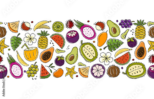 Fototapeta Naklejka Na Ścianę i Meble -  Tropical fruits collection. Horizontal Seamless pattern background for your design.