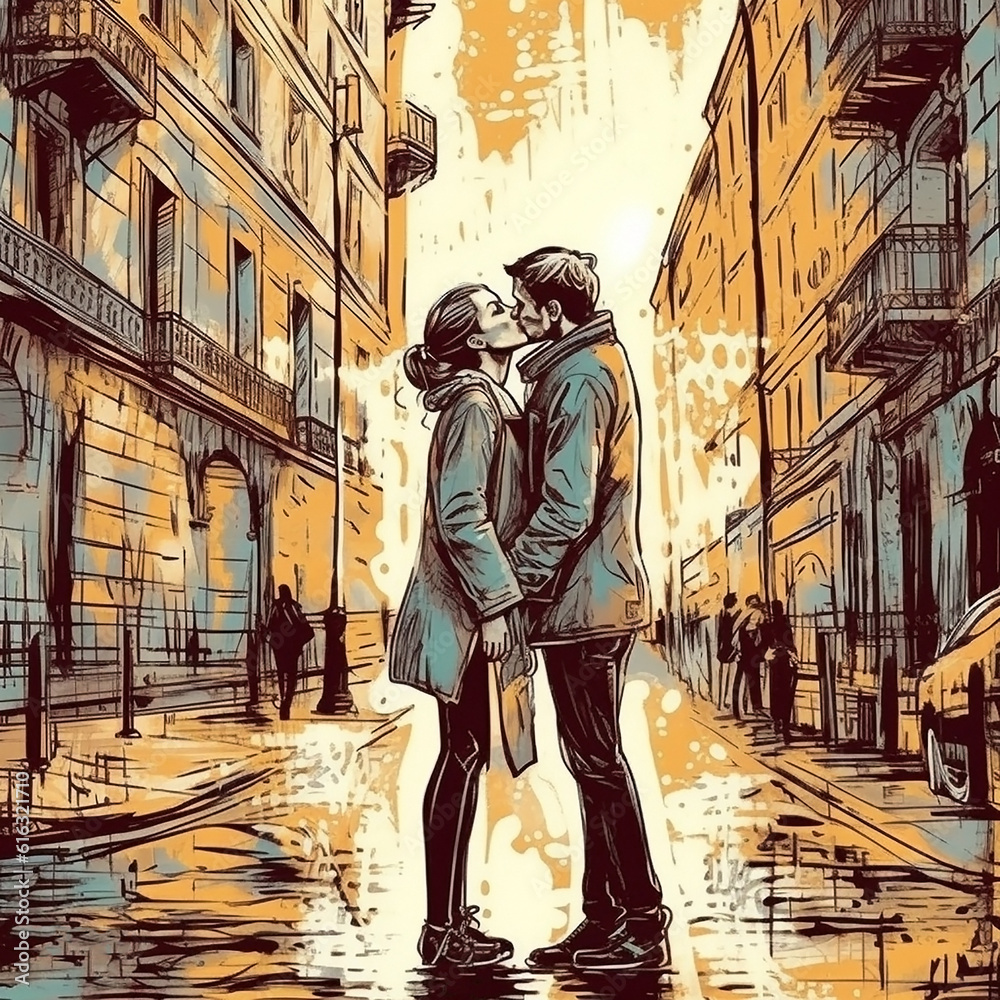 A drawn image of a young couple in love hugging and kissing on a city street with beautiful old architecture. Generative AI