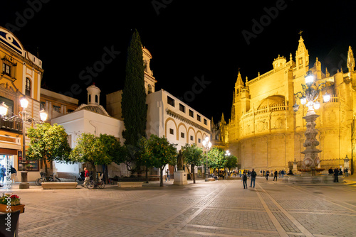 An illuminated Plaza del Triunfo late at night alongside the Great Seville Cathedral in the Barrio Santa Cruz district of Seville Spain.
