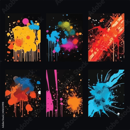 Collection of abstract posters with elements of street graffiti. Vandalistic spray painting on the walls, street art with splatters and drips. Isolated on black background © Mst