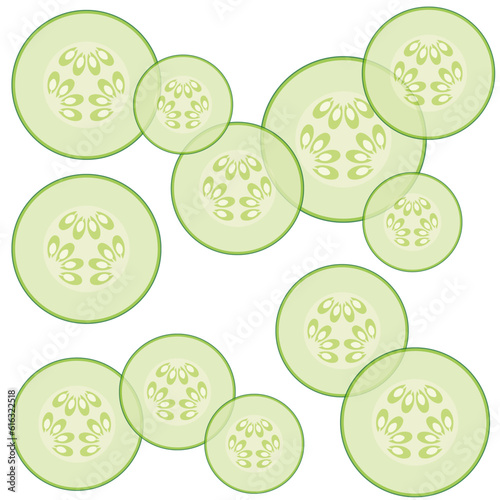 Transparent cucumber slices on white background, vector seamless pattern, background.