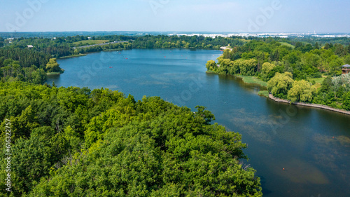 Aerial view of Kelso lake in the spring