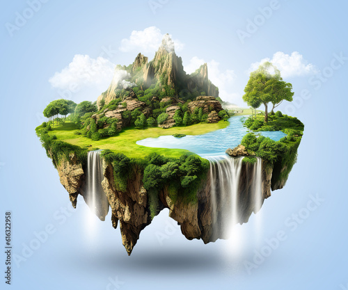 Flying green forest land with trees, green grass, mountains, blue water and waterfalls isolated with clouds. Floating island with greenery and beautiful landscape scenery. Generative Ai.