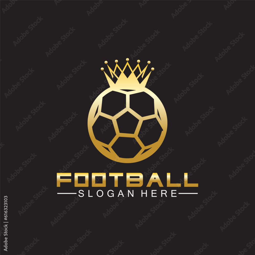 Fototapeta premium Luxury golden football king logo design on isolated black background