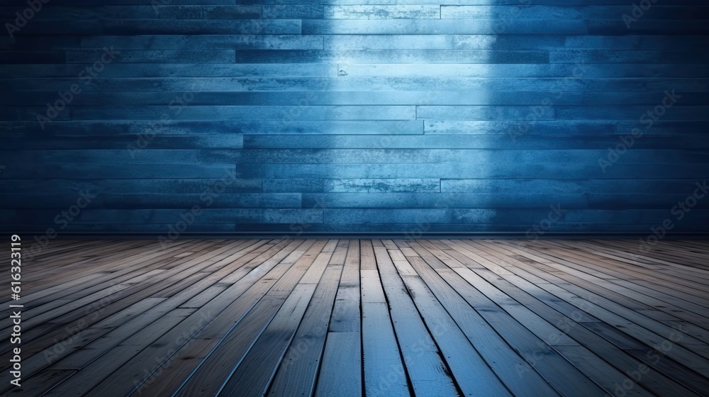 Blue Empty Wall and Wooden Floor with Interesting Light Glare
