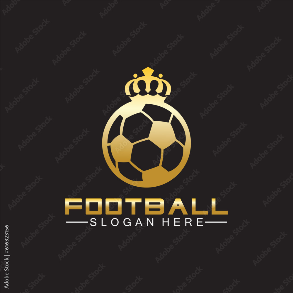 Luxury golden football king logo design on isolated black background