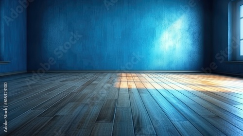 Blue Empty Wall and Wooden Floor with Interesting Light Glare © twilight mist