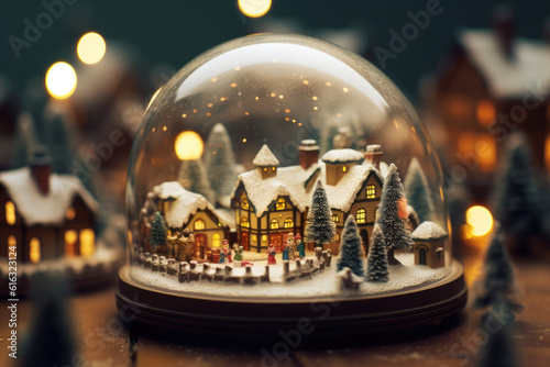 winter wonderland with little town and Christmas tree inside a snow globe   snowing  festive.