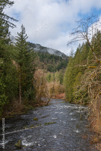 A river flows through the beautiful rugged landscape of the Mt. Hood National Forest, Oregon, Pacific Northwest United States