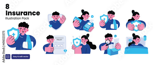 Insurance concept illustration. Set of people vector illustrations in various activities of insurance, insurance policy, insurance document, claim cashless, inpatient, medical insurance, outpatient 