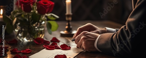 a man's hand writes a love letter to his girlfriend, with one beautiful fresh red rose.