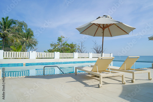 bed pool around swimming pool with sea background