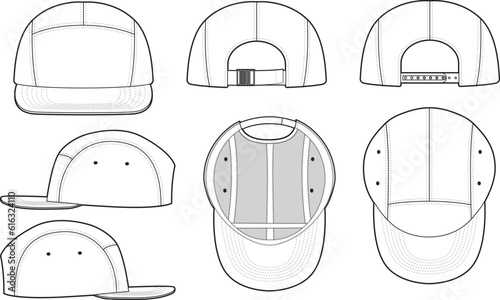 Five Panel Camp Hat Technical Drawing Illustration Blank Streetwear Mock-up Template for Design and Tech Packs CAD