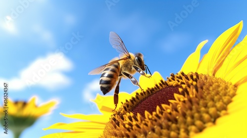bee perched on a yellow sunflower against a contrasting blue sky, summer and spring banner background photo