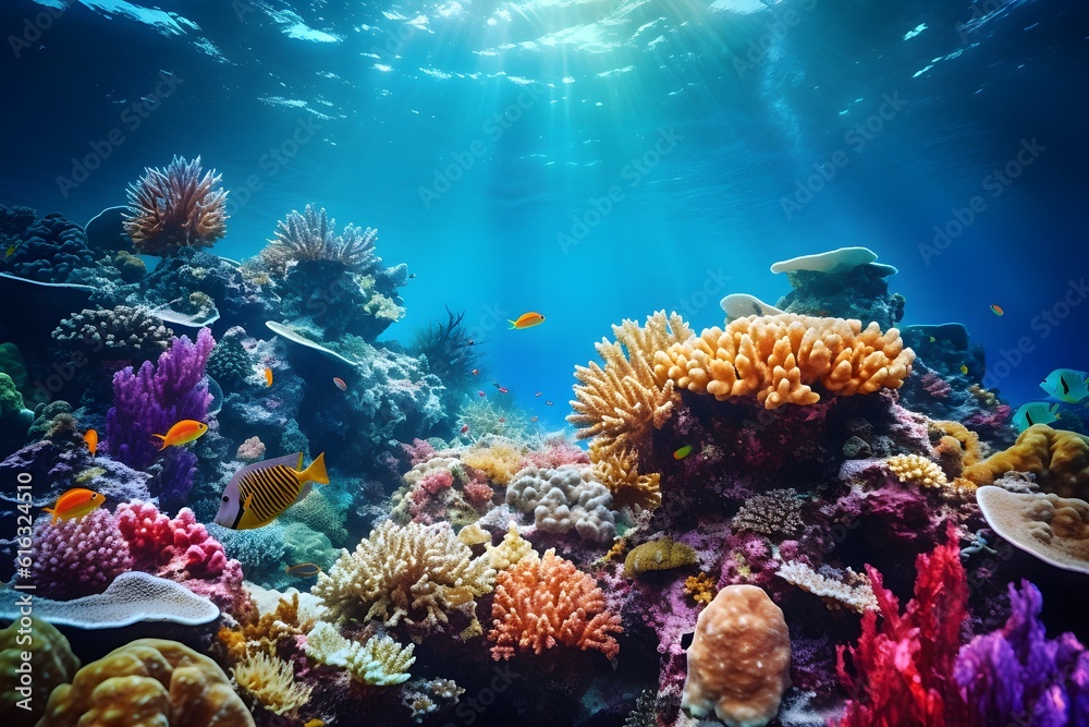 underwater sea scene with a coral reef