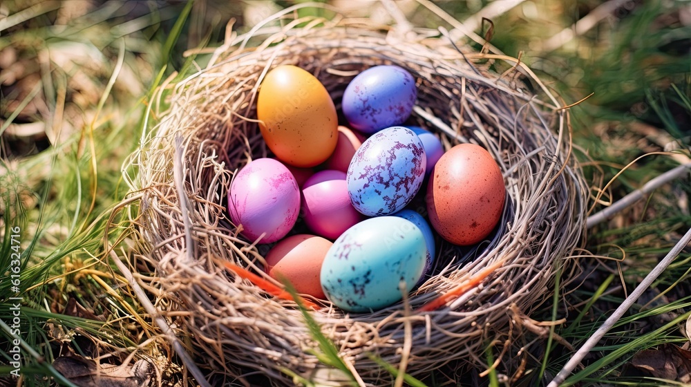 colored painted Easter eggs in a nest on a forest glade in the grass on a bright sunny day