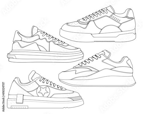 Set of shoes sneaker outline drawing vector, Sneakers drawn in a sketch style, bundling sneakers trainers template outline, vector Illustration.