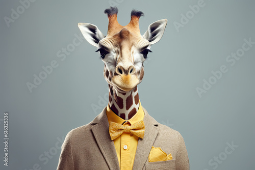 Portrait of giraffe wearing suit and bow tie, Generative AI © Aleksandr Bryliaev