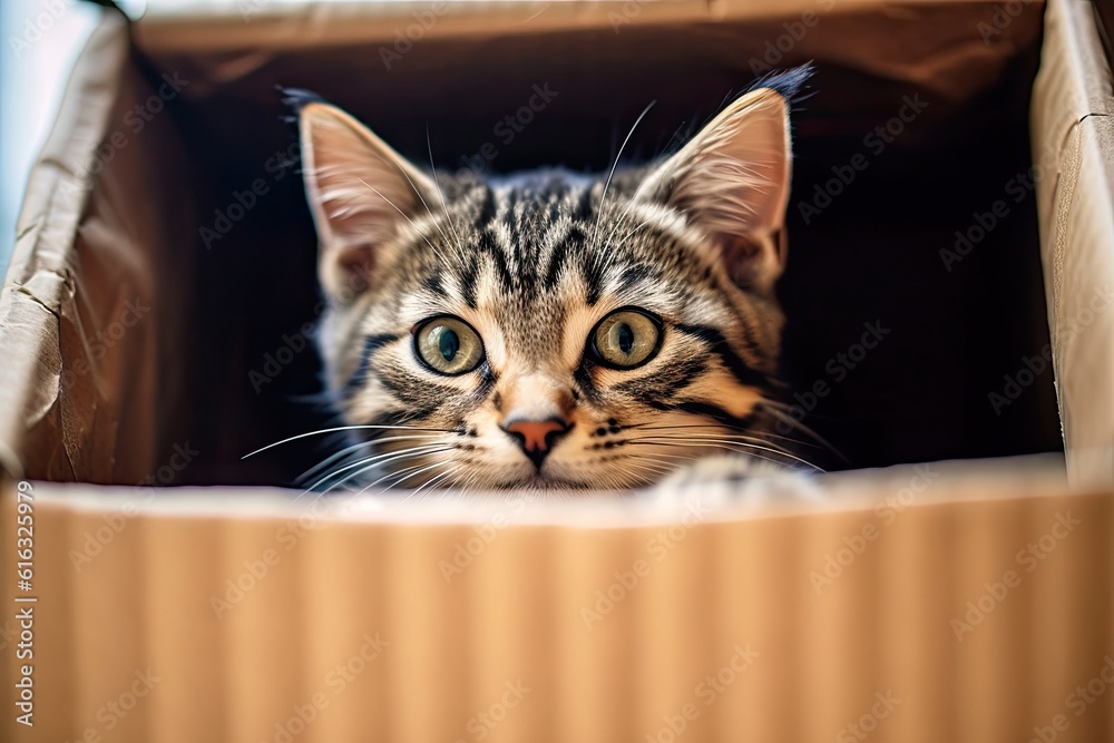 Cute Tabby Cat Is Sitting In A Cardboard Box and Smiling