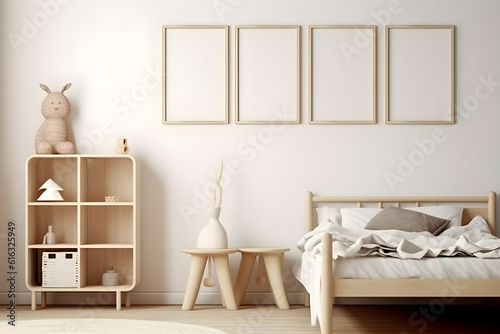 Mock up frame in children room with natural wooden furniture, Scandinavian style interior background, 3D render  © DavidGalih | Dikomo.