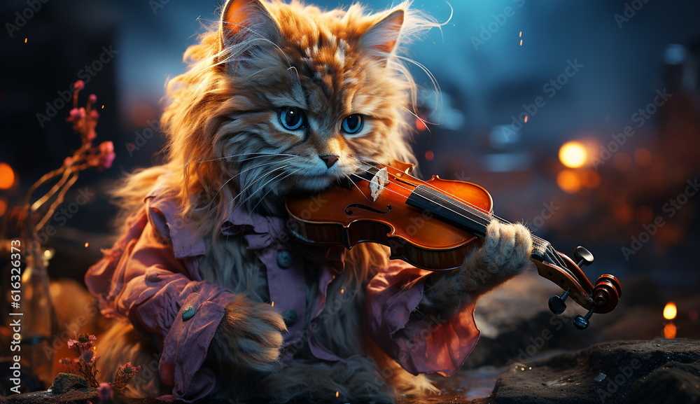 A photo capturing the enchanting moment of a cat playing the violin, showcasing its musical talents.  Generative Ai.