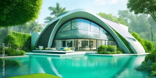 Generative Ai, Futuristic house with pool, trees, plants