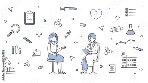 手描きラインアート｜診察室で症状を説明する若い女性患者とカルテに情報を書く女医