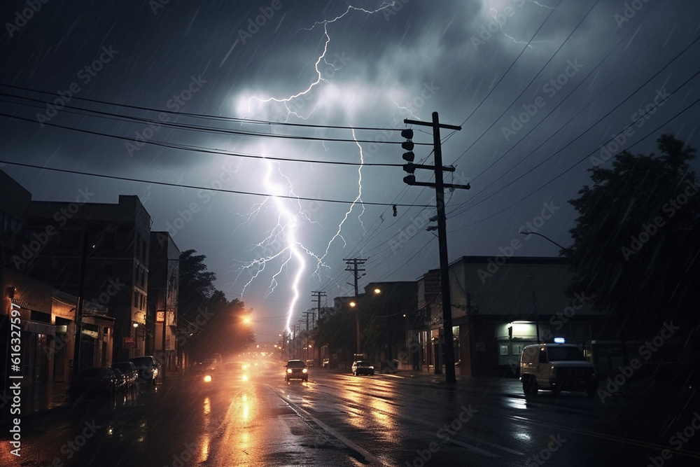 激しい降雨と雷が光る夜の街：AI生成画像