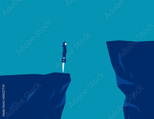 Standing on the edge of ravine thinking before making a decision. Business vector illustration