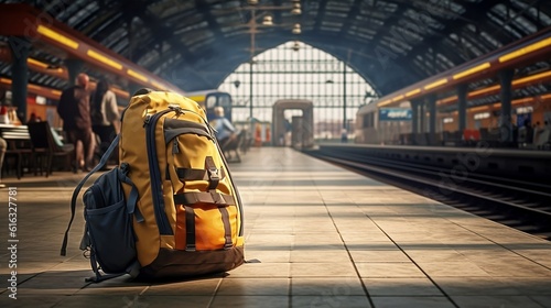 Journey Illuminated: Yellow Backpack Travel in the Heart of the Train Station