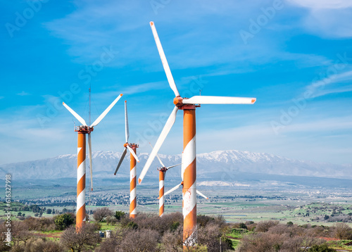 Israel. Wind generators of electricity against the backdrop of Mount Hermon. photo