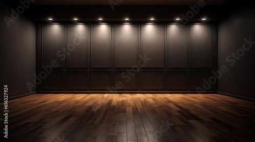 Empty Light Dark Wall with Beautiful Chiaroscuro and Wooden Floor