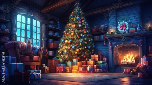 interior christmas. magic glowing tree, fireplace, gifts in dark. Generative Ai © Mukhlesur