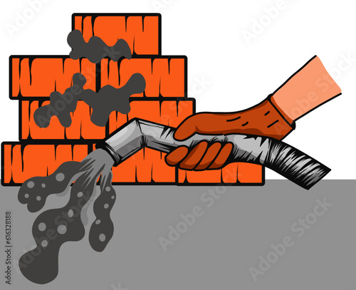 vector illustration of a hand with gloves holding a plaster putty spray pump with splashes